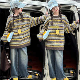 女童条纹毛衣冬装2025新款儿童超好看套头上衣大童加厚针织衫女孩