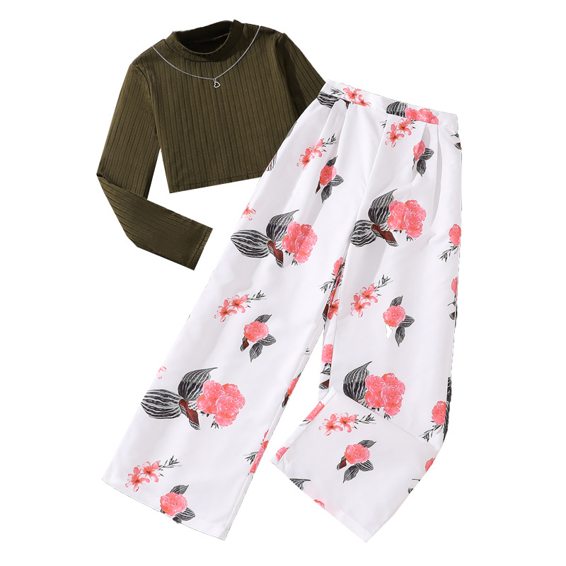 Nuovo set casual alla moda alla moda 2024 autunno ragazze top a maniche lunghe pantaloni a gamba larga stampati_voghion.com