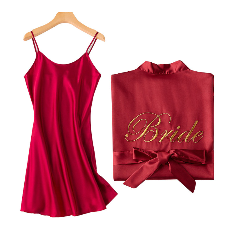 Women's Spring Summer Autumn Loose Large Size Casual Nightgown Satin Silk Bathrobe Wedding Morning Gown with Sling Set