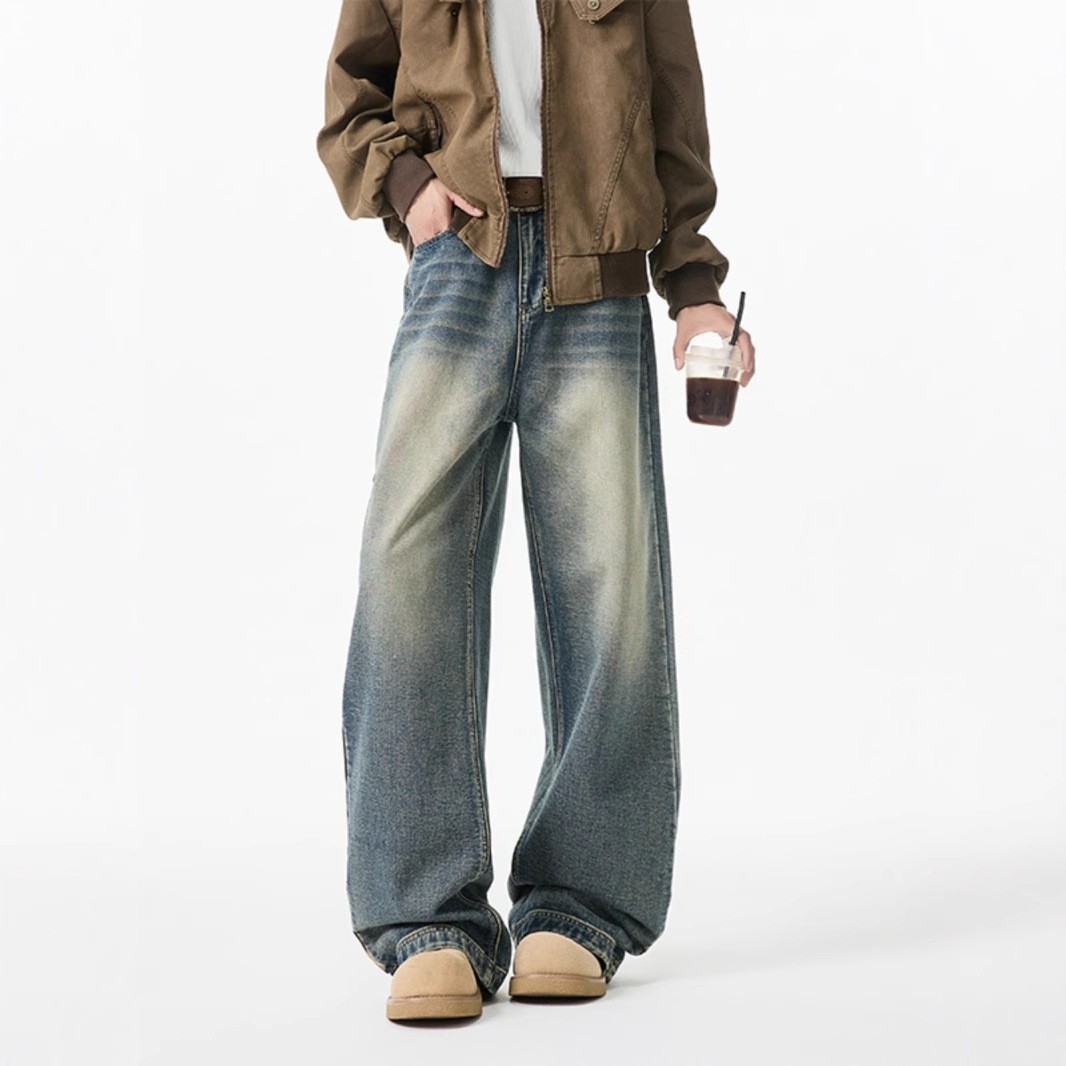 Men's Vintage Washed Denim Jeans Slightly Flared Wide-Leg Cat Whisker Detailing High-Street Style Cleanfit Black Blue (S-3XL)_mkmklike.com