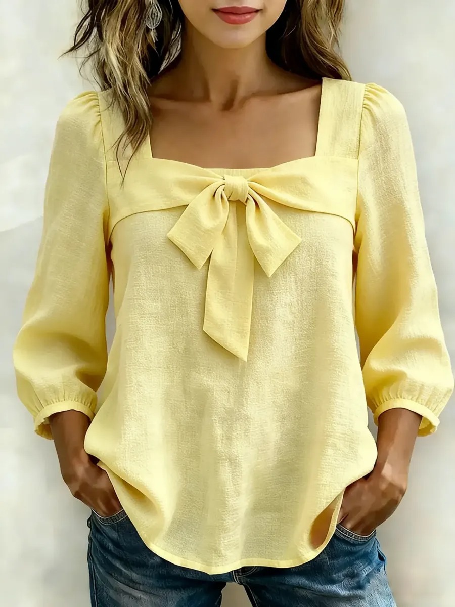 Women's Clothing Women's Style Square Neck Blouse Bow Tie Top Puff Sleeves Three Quarter Length Elegant Outfit_ecoleips.com