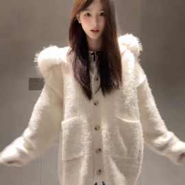 慵懒大毛领连帽毛衣外套女秋冬季加厚软糯宽松小香风针织开衫上衣