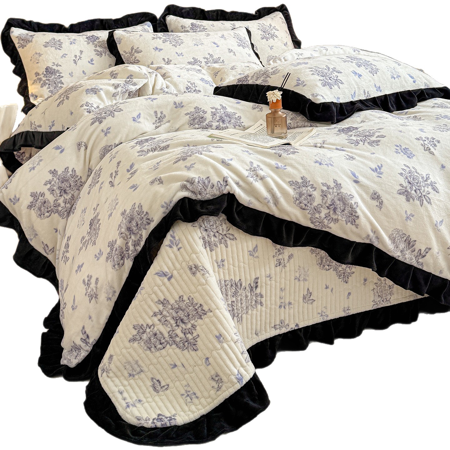 Nordisch-französischer Vintage-Boho-Bettbezug im französischen Stil aus Milchsamt mit Spitze, Einzelstück 150 x 200 cm, Herbst- und Winter-Bettbezug aus weichem Korallenfleece_voghion.com
