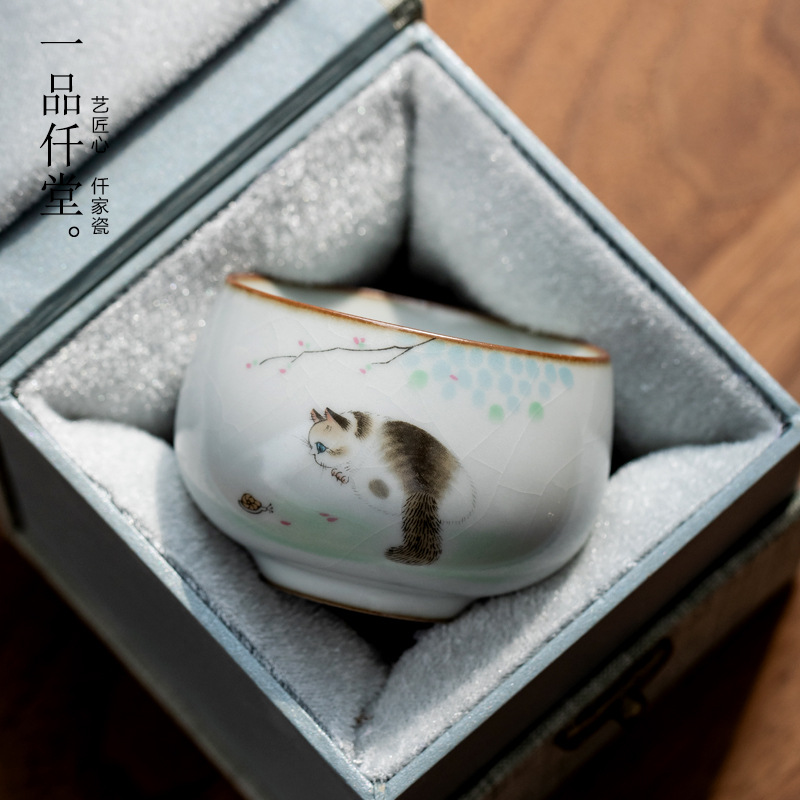 汝窑可爱猫罗汉主人杯个人杯陶瓷开片汝瓷茶杯家用主人杯