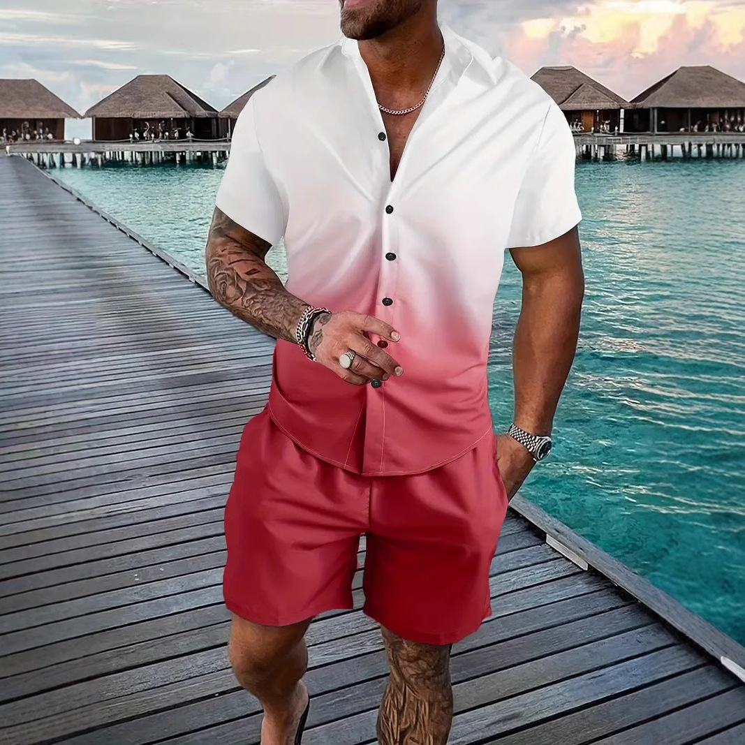 2024 nuevos productos europeos transfronterizos de Amazon, camisa de manga corta con costuras de gradiente estadounidense, traje de pantalones cortos MB1 MA1