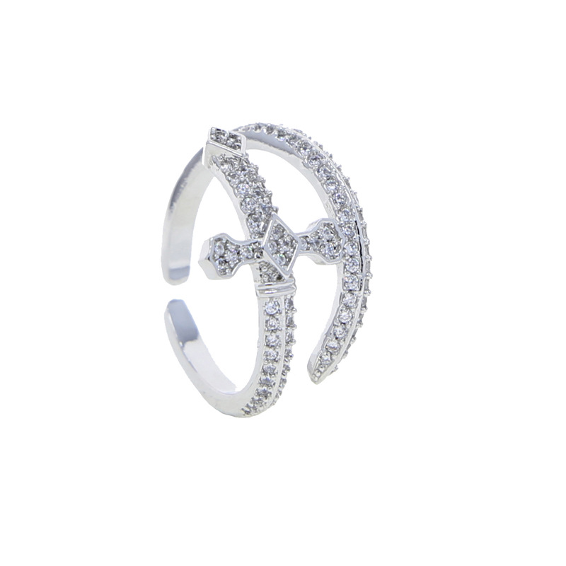 Hip-Hop Cross Rhombus Copper Inlay Zircon Open Ring 1 Piece