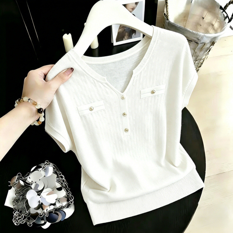 Snow 2901 Thin Short-Sleeve Solid Color Ice Silk Knit Top for Women, V-Neck Short-Sleeve Korean Style Slim Fit Slimming Top