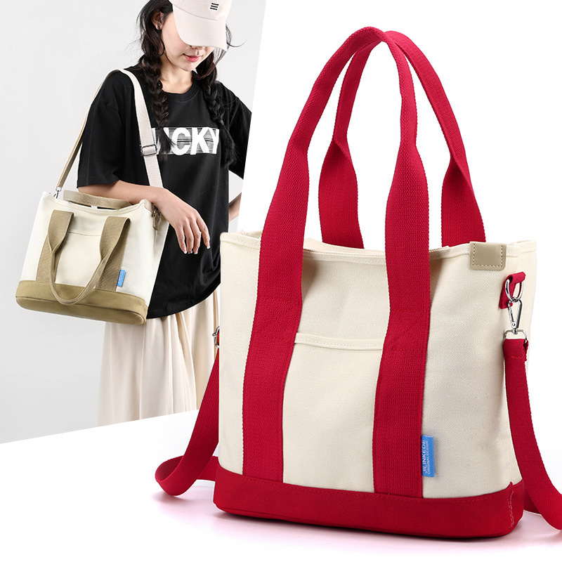 Japanese Style 16 an Canvas Bag Korean Style Women's Tote Bag Single Shoulder Crossbody Handbag Large Capacity Simple Women's Bag Contrasting Color
