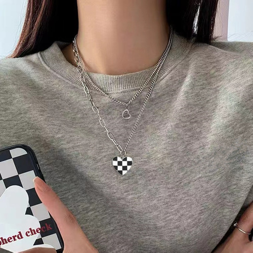 Checkerboard double layer necklace light luxury niche clavicle chain ins cool style sweater chain  new trendy accessories