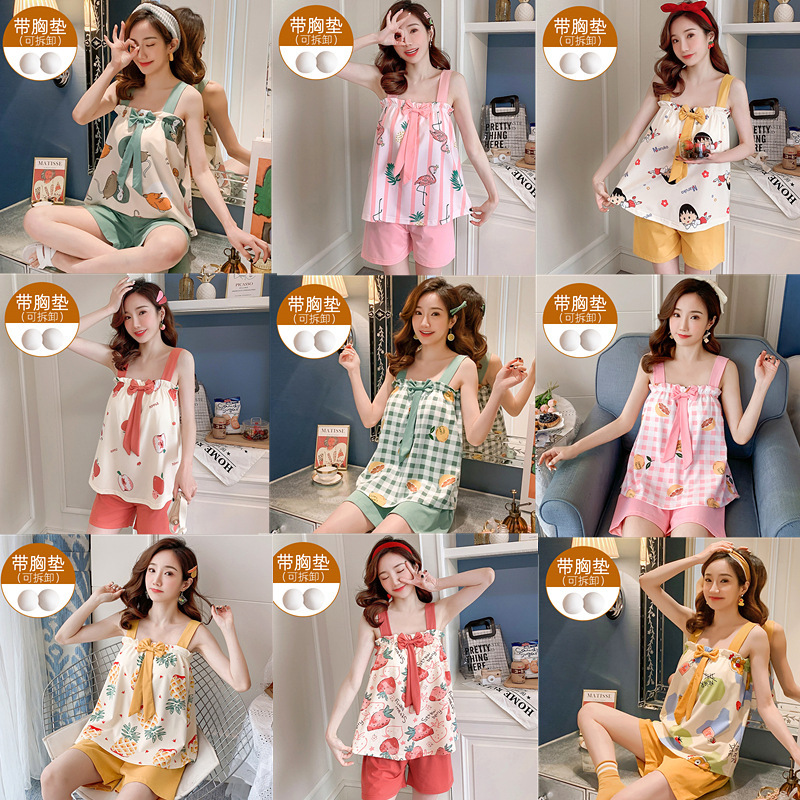 Cross-Border Southeast Asia Hot-Selling Suspender Pajamas for Women Summer with Breast Pad Set Home Clothes Large Quantity Discount