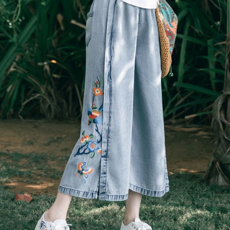 Dopamine Ethnic Style Embroidered Denim Cropped Pants for Women, Summer Thin Plus-Size Elastic Waist Wide-Leg Pants