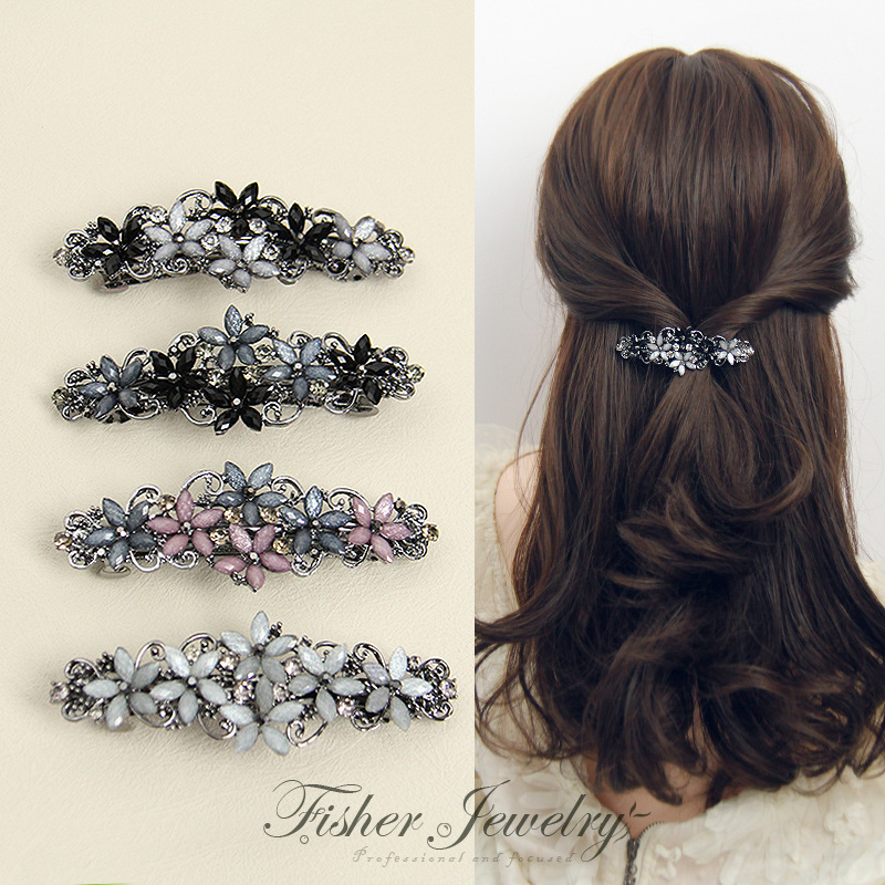 New Retro Elegant Spring Clip Alloy Hair Clip Rhinestone Horsetail Clip Headwear Simple Back Head Cross-border Wholesale