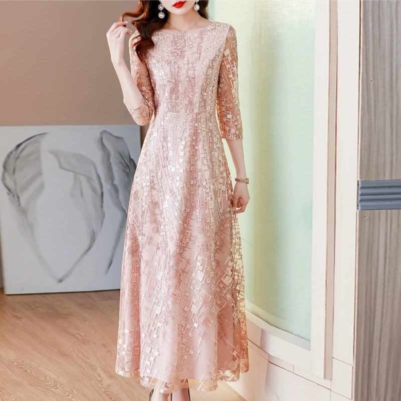 Си Матерь свадебное платье Розовое платье 2023 Осень Новое французское Ретро Кружевное платье с вышивкой пайетками