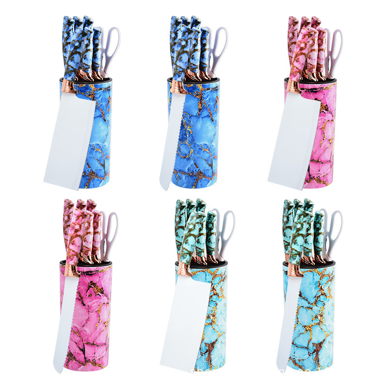 Nuevo cuchillo de cocina multifuncional transfronterizo, cuchillo de fruta, cuchillo de pan, juego de portaherramientas de barril redondo