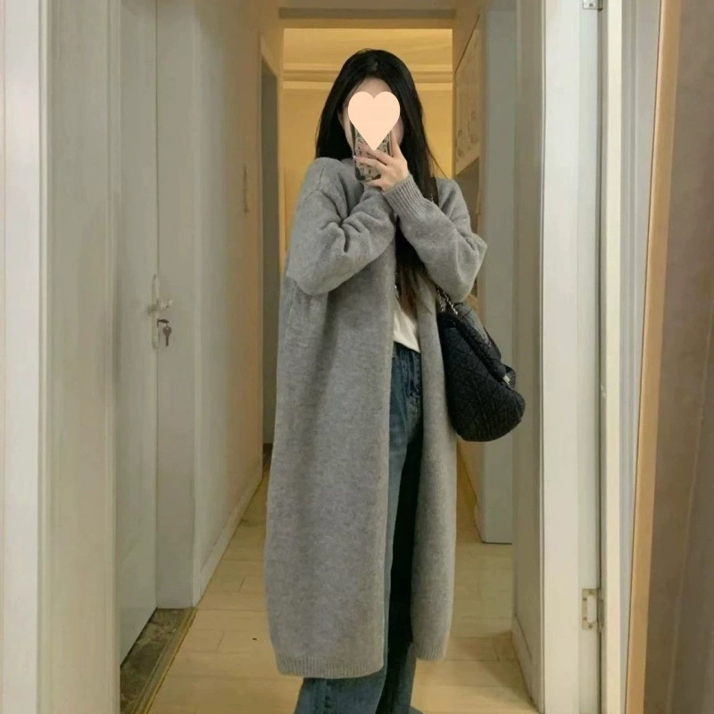 Длинный свитер, демисезонная кофта, sexy связанный жакет, до колена, свободный крой