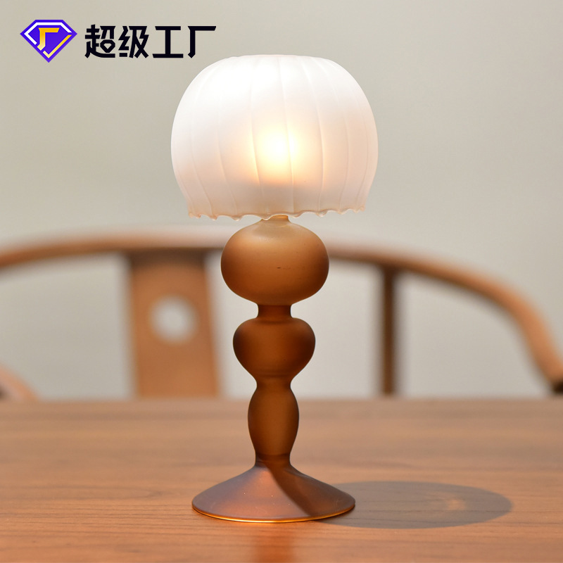 歐式輕奢磨砂玻璃檯燈造型燭台擺件婚禮拍攝道具家用餐桌復古燭台