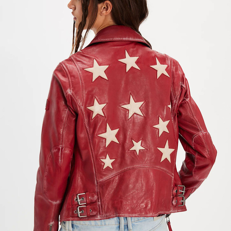 European and American Cross-Border Vintage Distressed Star Patch Motorcycle Leather Jacket for Women, Street Style Short Top
