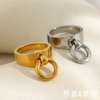 梦嘉欧美跨境几何个性小众百搭手饰不锈钢镀18K金时尚小圆环戒指