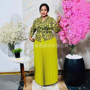 Miyaki Pleated Fashion European and American Leopard Print Suit Collar Top Half-Length Pleated Long Skirt Two-Piece Set Large Size
