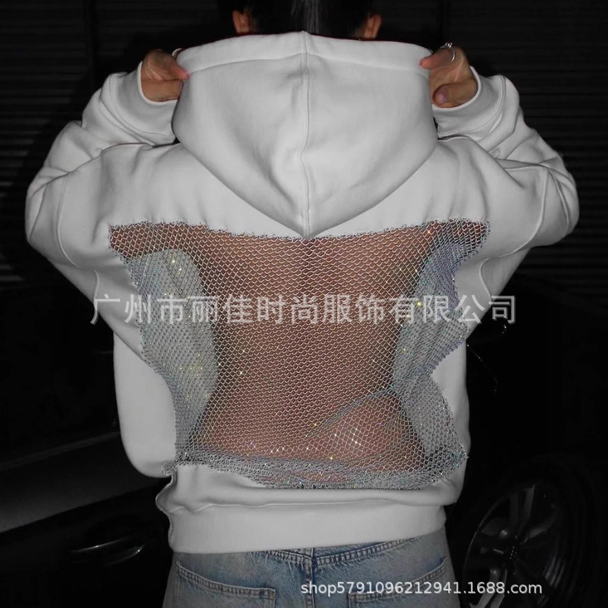 2025外贸女式连帽运动衫休闲长袖套头上衣美式镂空网纱长袖卫衣女