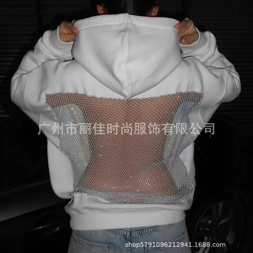 2025外贸女式连帽运动衫休闲长袖套头上衣美式镂空网纱长袖卫衣女