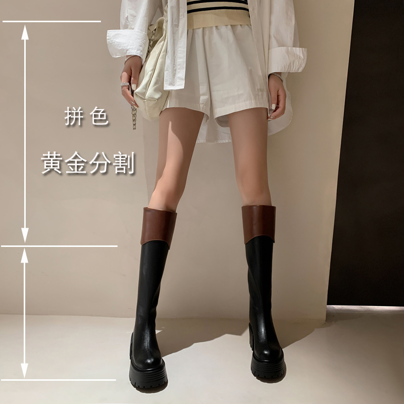 Instantly Long-Legged Thick-Soled Thick High-Heeled Color-Blocked Full-Leather Knight Boots Inside and Outside 2023 Round-Toe Cowhide High Boots for Women