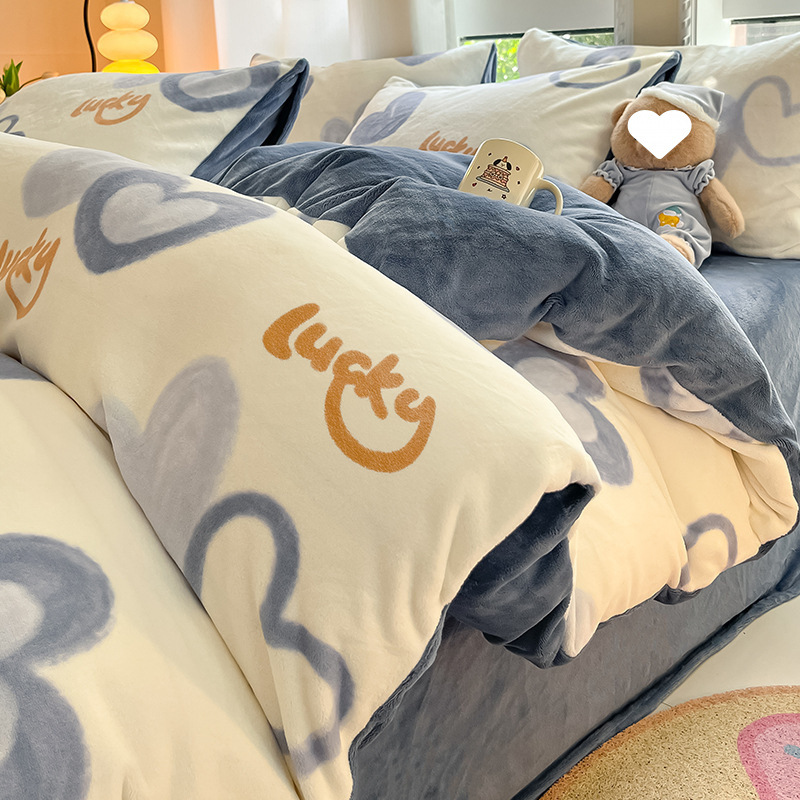Cartoon Milk Velvet Four-Piece Set, Winter Thickened Coral Velvet Bed Sheet, Quilt Cover, Nantong Three-Piece Bed Set with Fleece Quilt Cover