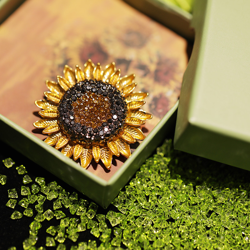 Van Gogh sunflower brooch, high-end full diamond retro sunflower pin, artistic accessories gift_voghion.com