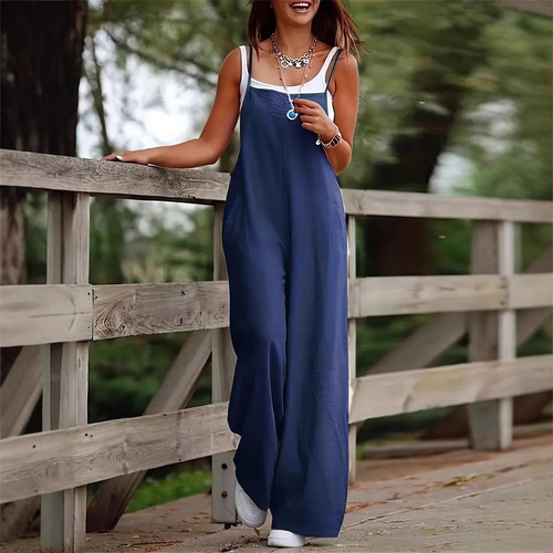 Hot-selling independent station wish European and American women's clothes pure color women's casual pants jumpsuit