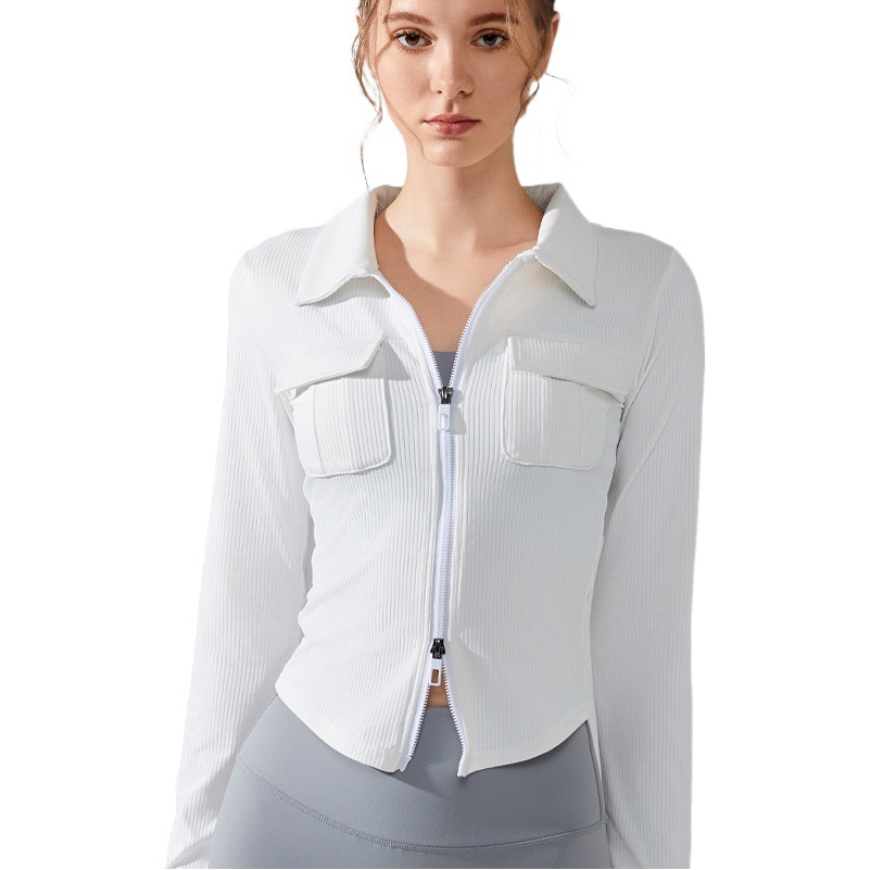 Puro deseo estilo delgado de la solapa doble cremallera ropa yoga bolsillo apretado abrigo que adelgaza manga larga Top bottoming camisa para las mujeres