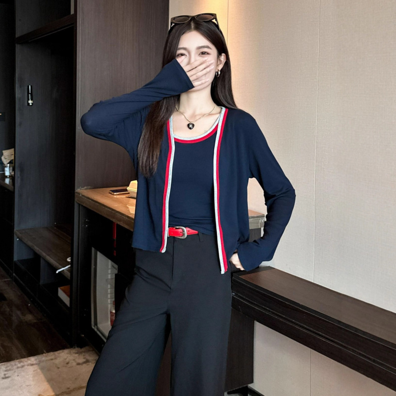 撞色拼接背心开衫两件套女早秋新款时尚百搭拼色长袖小衫外套上衣|undefined