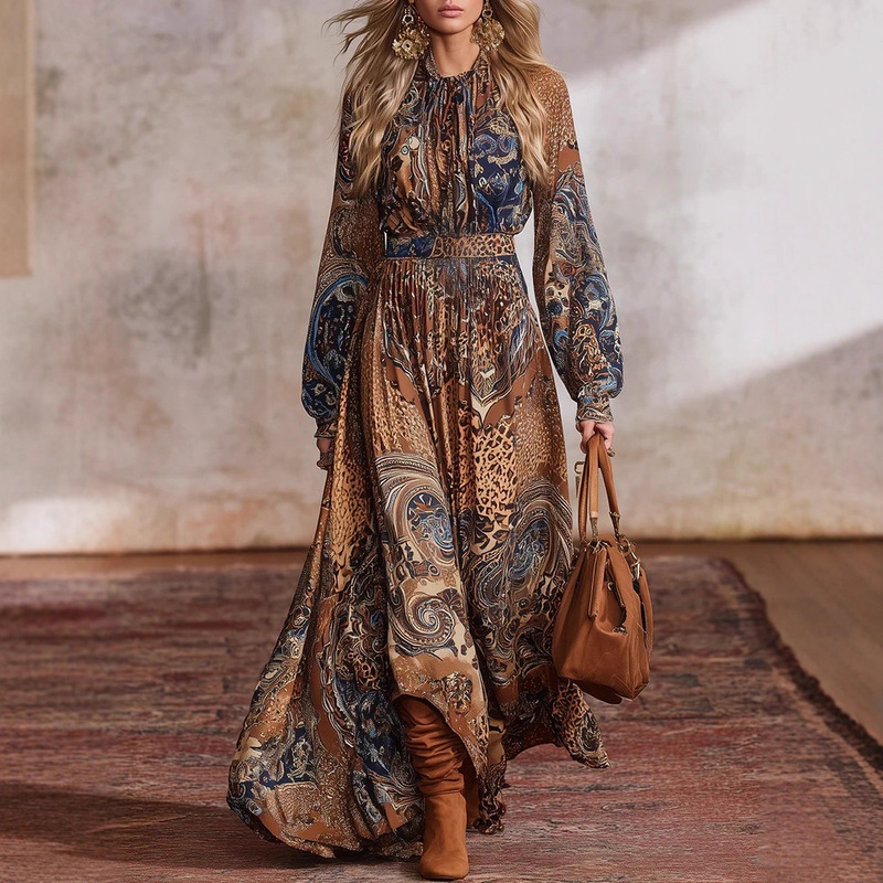 Foreign Trade Women's Bohemian Printed Long-Sleeved Dress Round Neck Large Skirt with Belt Slimming Skirt Lantern Sleeves
