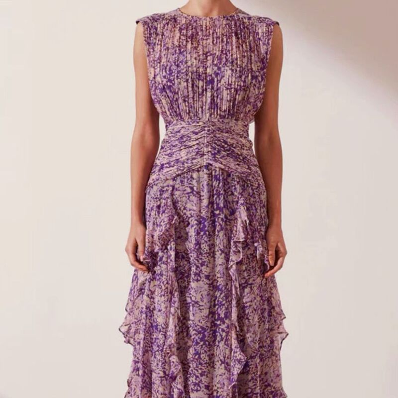 2023 Autumn New chiffon printed round neck sleeveless waist design ruffled long dress 2023 Autumn New chiffon printed round neck sleeveless waist design ruffled long dress
