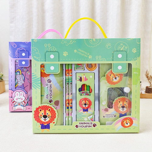 Children's Student Stationery Creative Set of Pencil Case, Ruler, Crayons, Combination Gift Box with Backpack Design, Cultural and Creative Gift, Prize