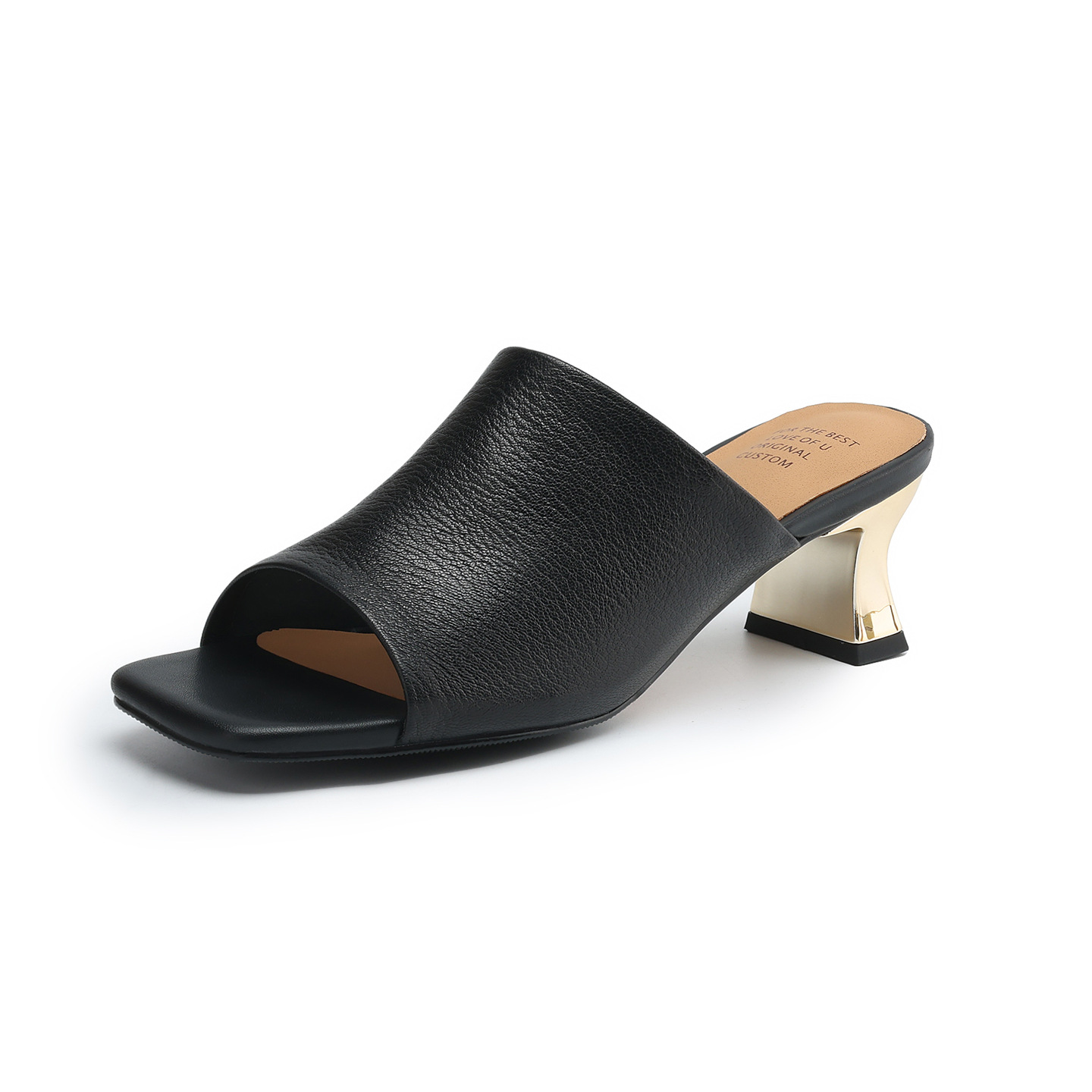 Sandal cao gót nữ mũi hở da cừu gót vuông 5 cm — đen