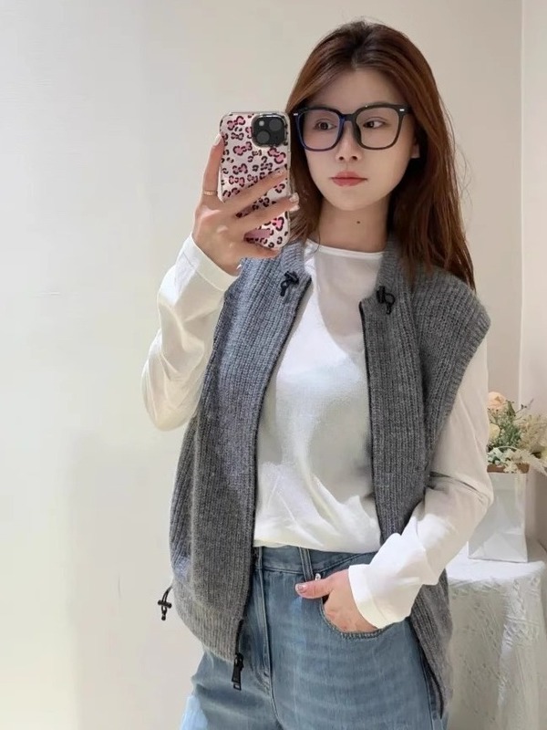 哥家商场同款女装2025秋季百搭马夹上衣抽绳双头拉链圆领坎肩针织|undefined