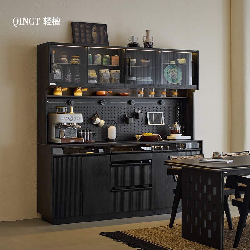 Light Sandalwood Black Solid Wood Wine Cabinet Sideboard Integrated Wall Storage Cabinet Living Room Storage Tea Cabinet Floor-Standing Coffee Cabinet