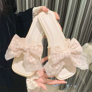 女夏季时尚软底外穿一字拖鞋网红仙女风创意网纱格子蝴蝶结凉拖鞋