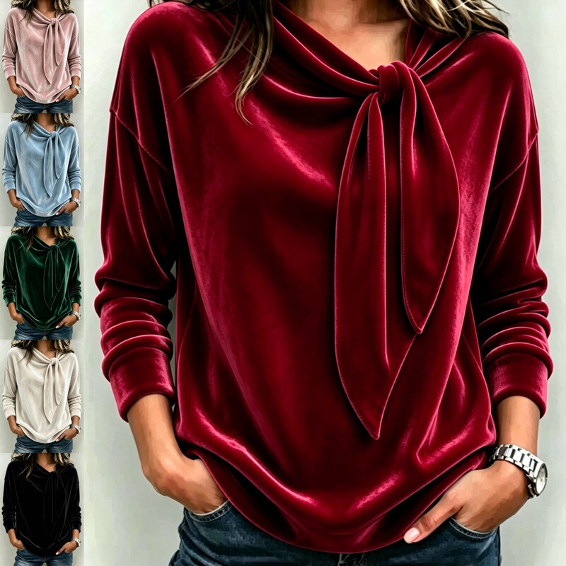 In-Stock European and American Foreign Trade Amazon Velvet Bow Sweater Autumn and Winter New Cross-Border Christmas Solid Color Women's Sweatshirt In-Stock European and American Foreign Trade Amazon Velvet Bow Sweater Autumn and Winter New Cross-Border Christmas Solid Color Women's Sweatshirt
