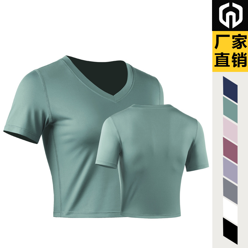 Ropa de entrenamiento de yoga traje deportivo Camiseta ajustada de manga corta para mujer Top casual con cuello en V Camiseta de manga corta ombligo expuesto