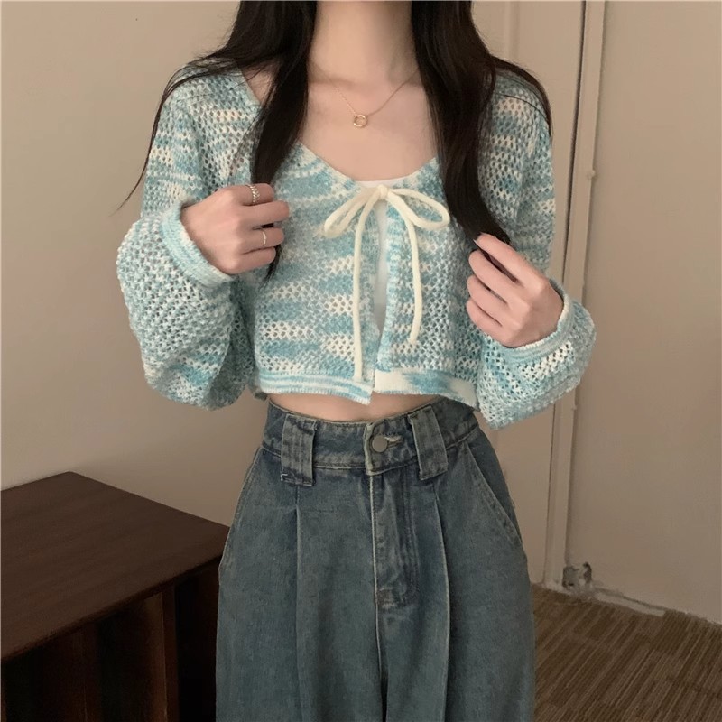 Vネックショートニット日焼け止めカーディガン女性用夏の新しいショール薄い中空ブラウスジャケット|undefined