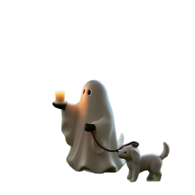 跨境新款Ghost & Pup Candle Holder幽灵牵小狗烛台万圣节小雕像|undefined