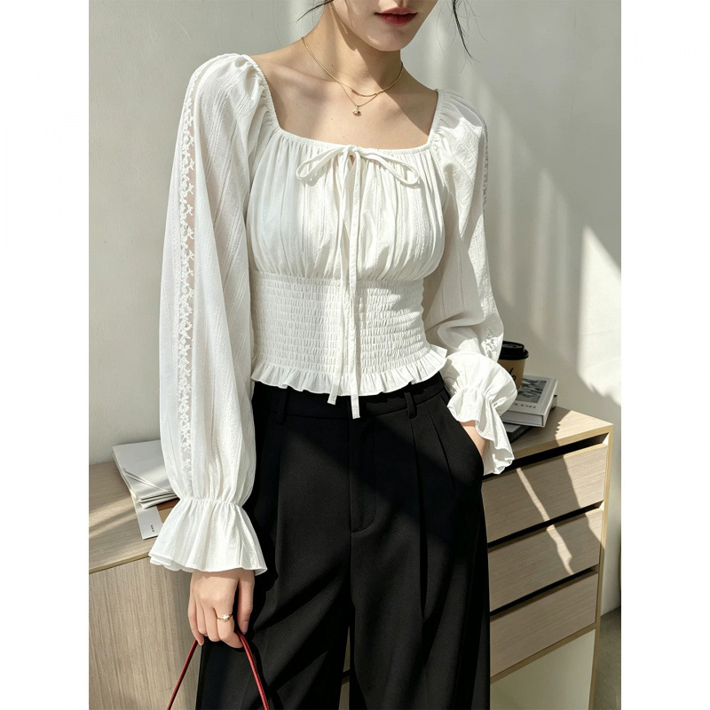 White lace hollow-out one-shoulder shirt for women, autumn 2026 new style, fitted waist, flared long sleeves, long-sleeved top