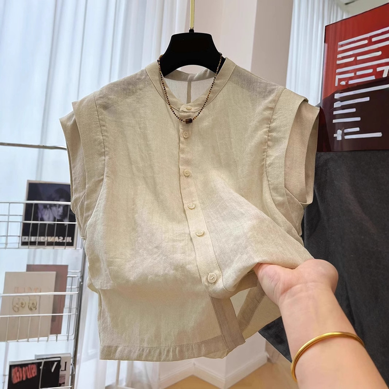 ニッチなデザインのシックな女性用半袖コットンとリネンシャツ、夏用の薄いフレンチスタイルのショートフライングスリーブトップ、トレンディです。|undefined