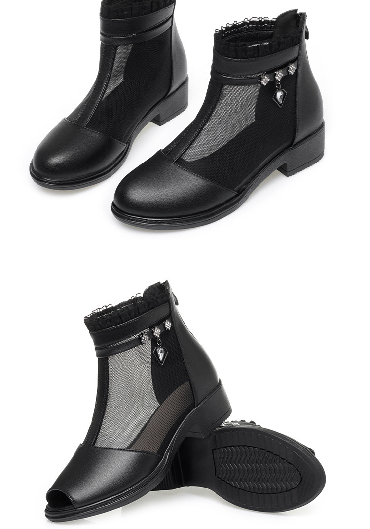 Boot lưới da thật cổ thấp gót giữa cho nữ — Trắng be (kiểu bao đầu) chi tiết 17