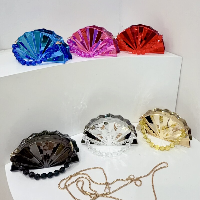 Cross-Border New Style Evening Bag for Women, Fan-Shaped Mini Solid Color Shiny Beaded Chain Clutch Bag, High-End Fashion Evening Bag