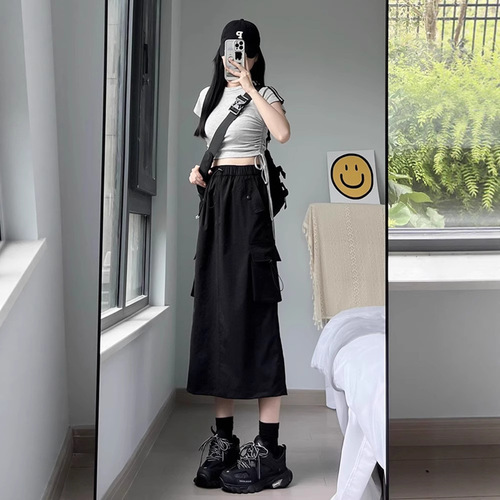 American Retro Workwear Skirt for Women - Spring and Autumn 2025 High-Waist A-Line Slimming Versatile Medium-Length Gray Skirt