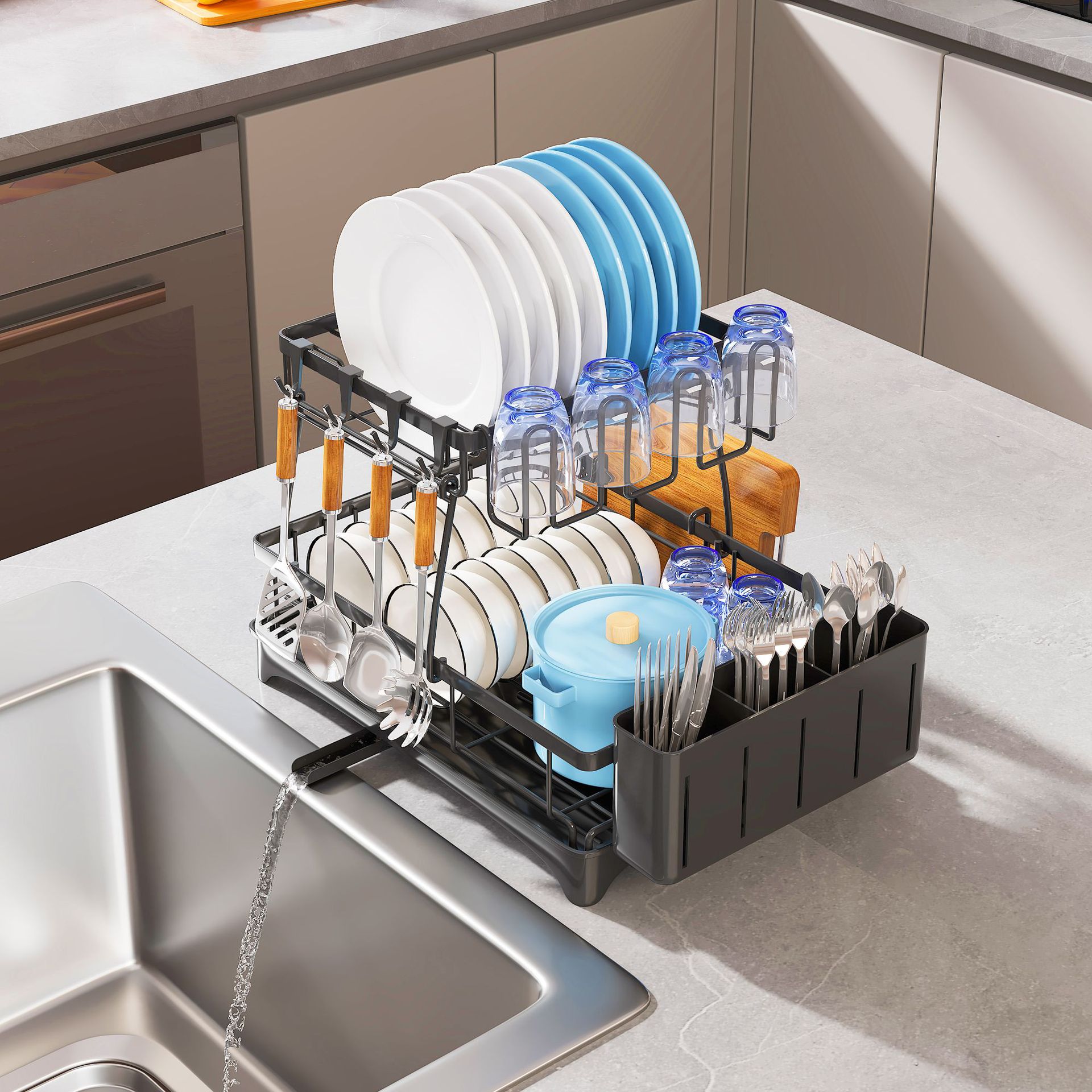 Plato de drenaje estante hogar fregadero extraíble tazón lateral palillos cuchillo tenedor Tazón plato vajilla mesa de almacenamiento estante de almacenamiento rack de almacenamiento