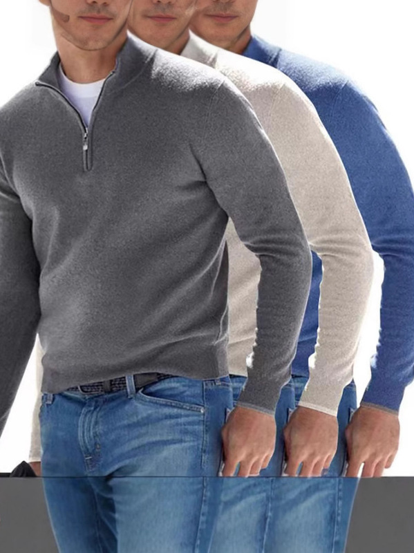 2023 Independent Station Amazon New Autumn Long Sleeve V-Neck Wool Plush Zipper Men's Casual Top Polo Shirt