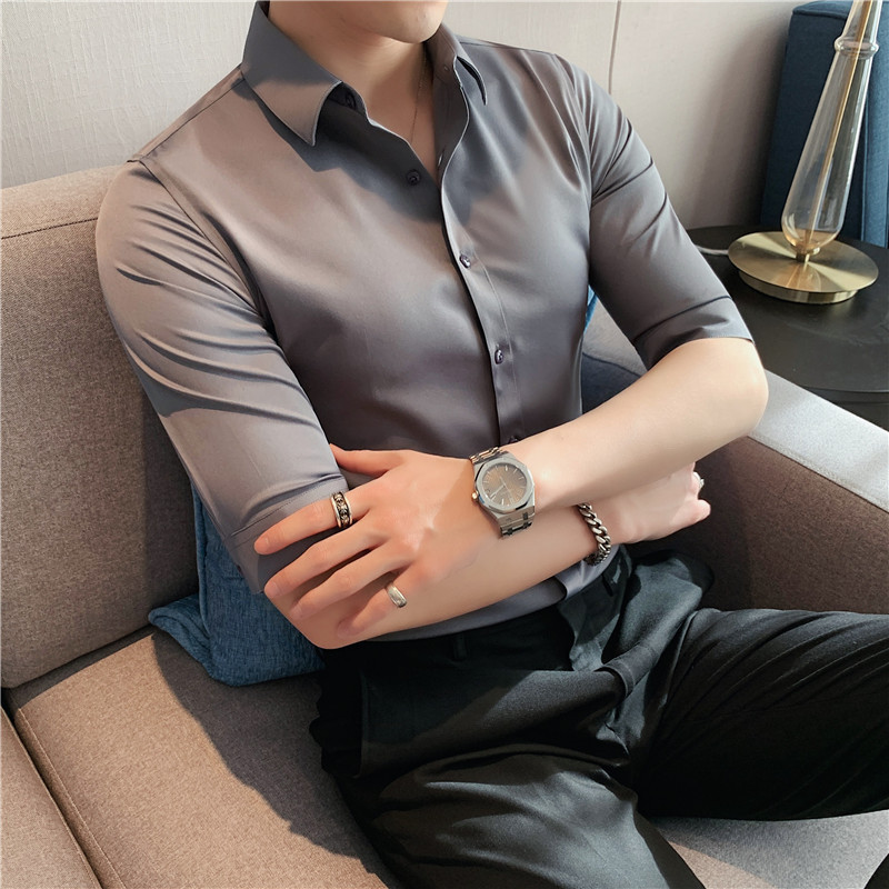 Men's Seven-point Sleeve Shirt Men's Korean-style Stretch Slim-fit Thin Short-sleeved Shirt Men's Pure White Shirt Suit Base Men's Seven-point Sleeve Shirt Men's Korean-style Stretch Slim-fit Thin Short-sleeved Shirt Men's Pure White Shirt Suit Base